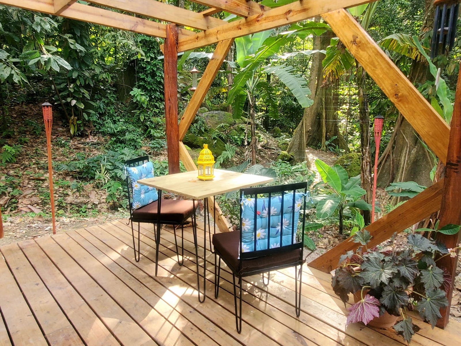 Outdoor dining table on a deck in the jungle